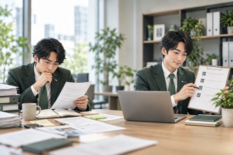 商談メモと顧客管理情報を人が確認するAI生成イメージ