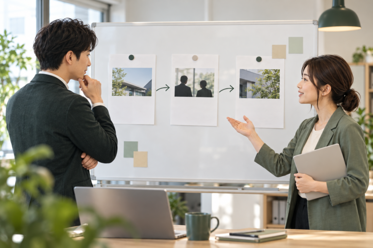 提案後の次回行動を確認する営業担当者のAI生成イメージ