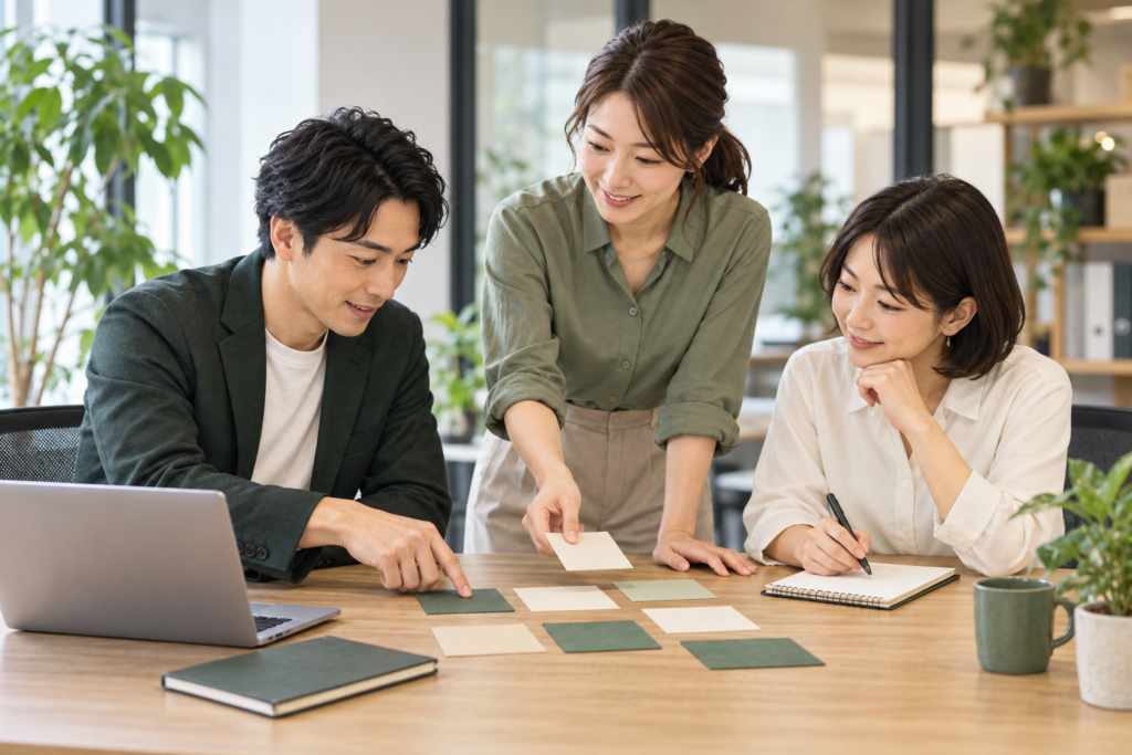 営業業務の役割分担を話し合う少人数チームのAI生成イメージ